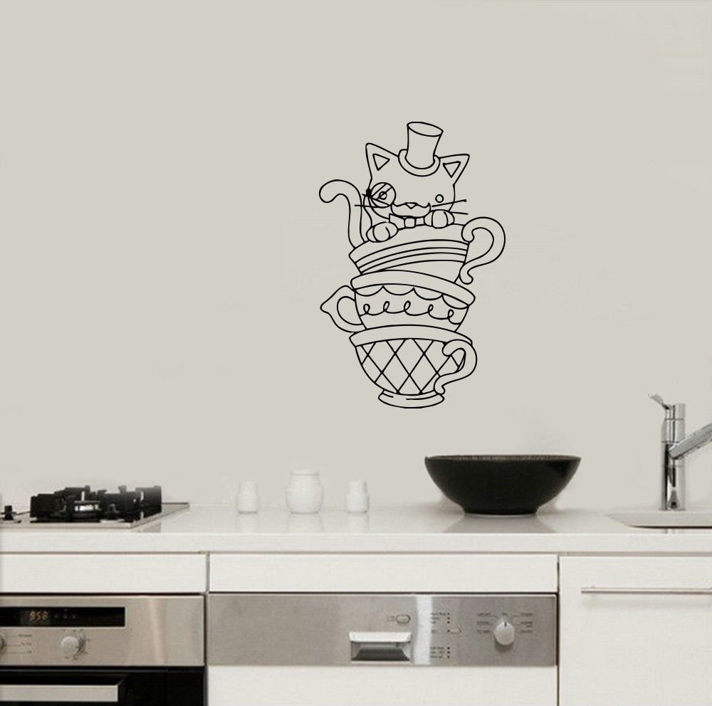 Wall Decor Vinyl Decal Sticker  FUNNY CAT IN CUPS DA595