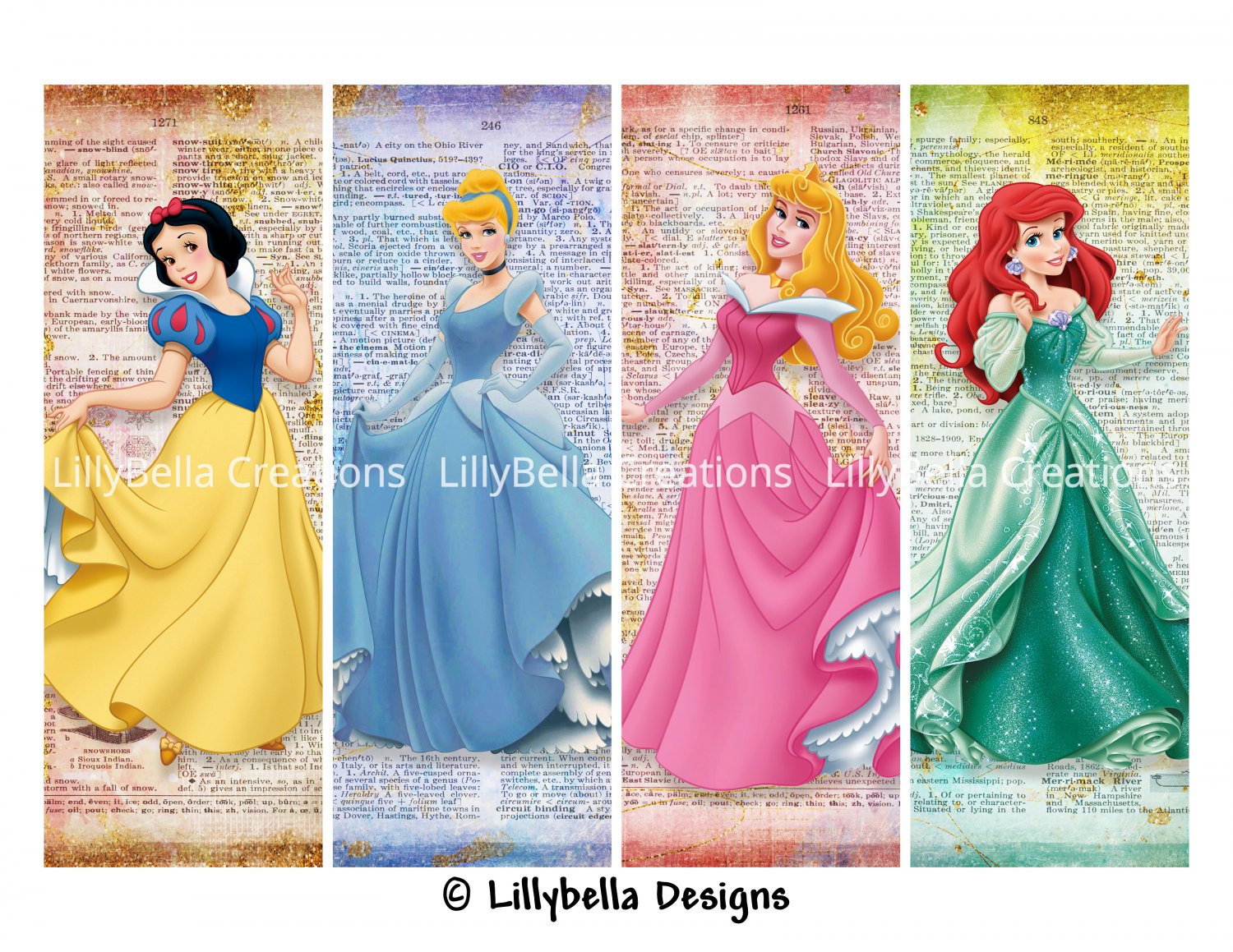 Disney Princesses ~ 12 Layered Digital Art Bookmarks ~ 2.5" x 7"