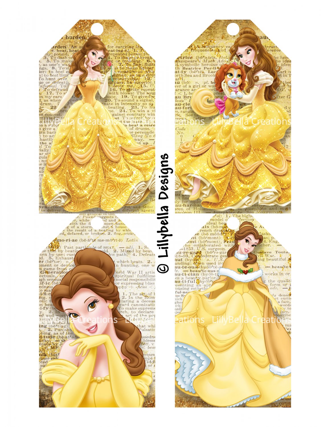 Princesses ~ 4 Tag Pages ~ 3" x 5" - Belle, Jasmine, Pocahontas & Mulan