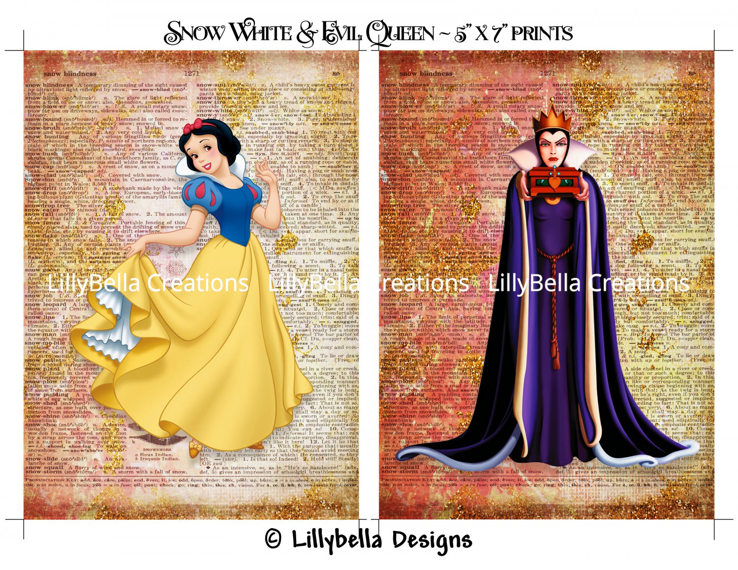 Snow White and Evil Queen Dictionary Digital Art Prints ~ 5" x 7" ~ Good & Evil