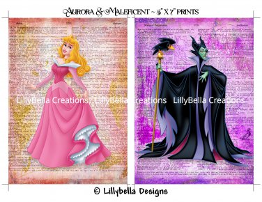 Aurora and Maleficent Dictionary Digital Art Prints ~ 5" x 7" ~ Sleeping Beauty ~ Good & Evil