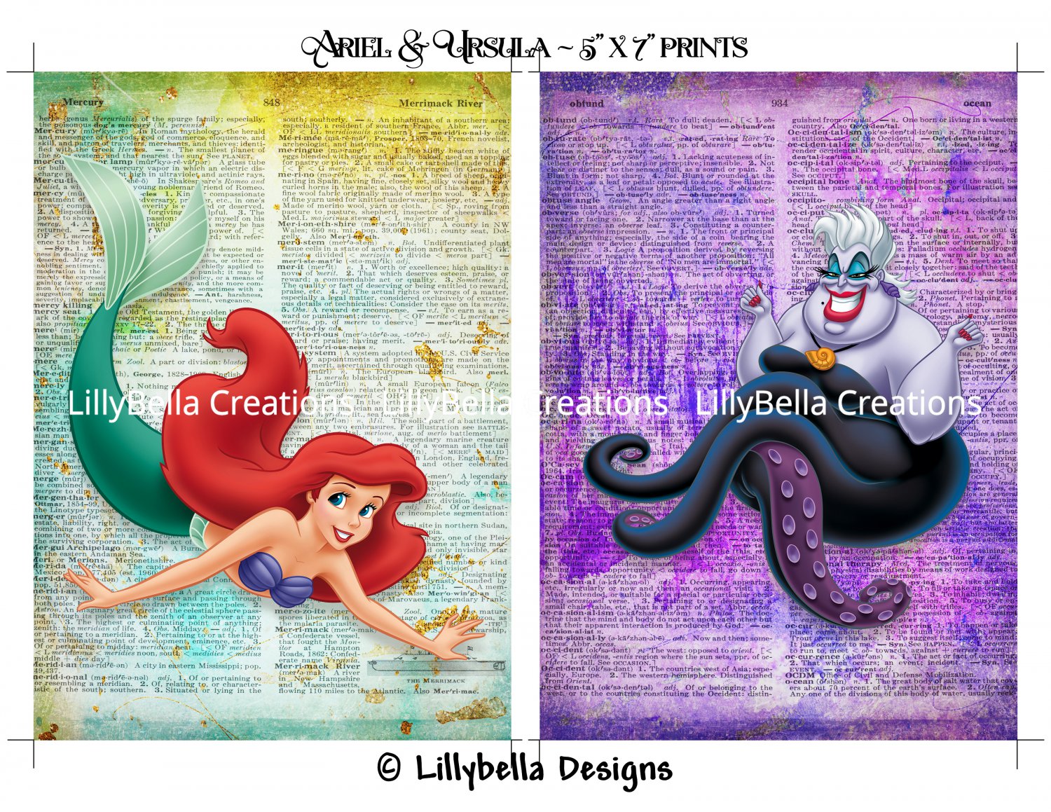 Ariel and Ursula Dictionary Digital Art Prints ~ 5" x 7" ~ The Little Mermaid ~ Good & Evil