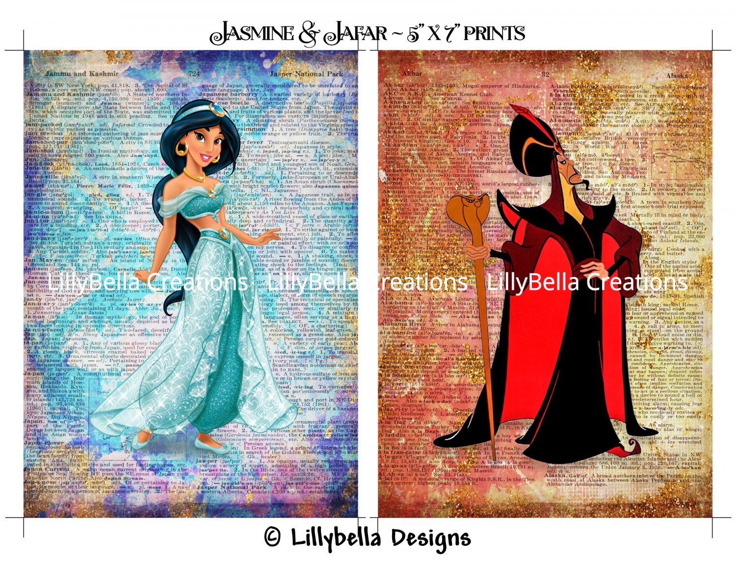 Jasmine and Jafar Dictionary Digital Art Prints ~ 5" x 7" ~ Aladdin ~ Good & Evil