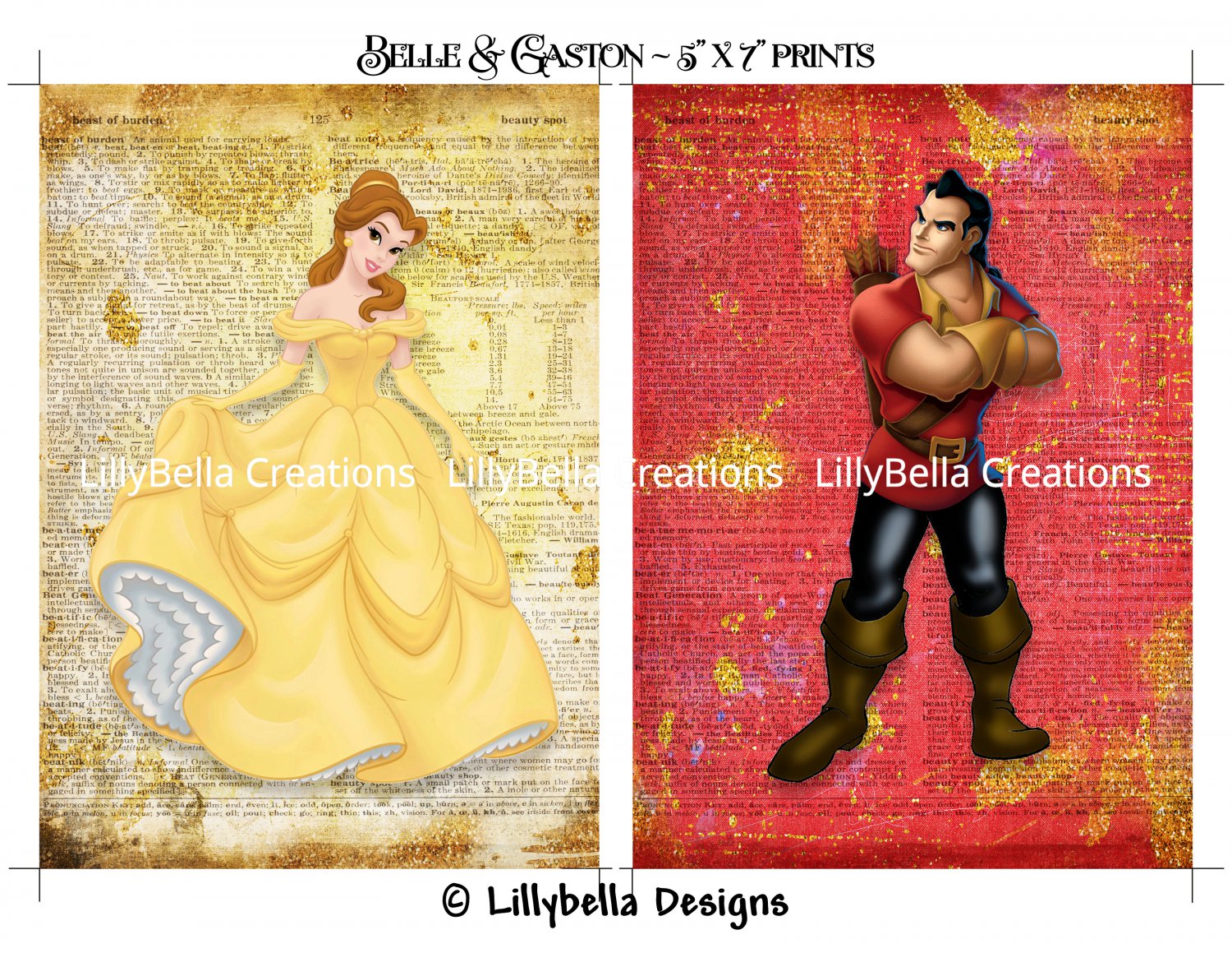 Belle and Gaston Dictionary Digital Art Prints ~ 5" x 7" ~ Beauty and the Beast ~ Good & Evil