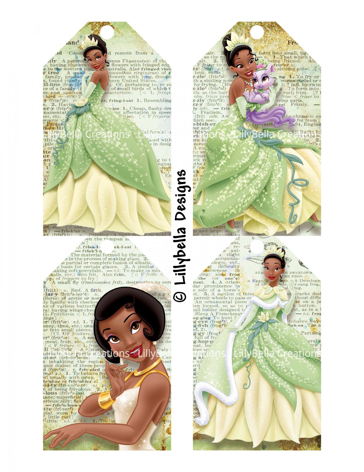 Disney Princesses ~ 16 Layered Digital Art Tags ~ 3" x 5" - Tiana, Rapunzel, Merida & Moana