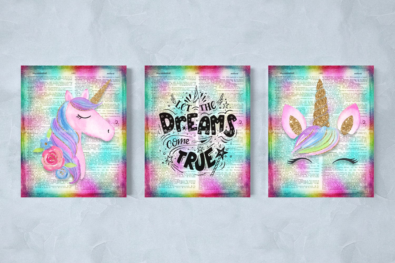 3 Unicorn Dictionary Digital Art Prints ~ 8" x 10" Let the Dreams Come True