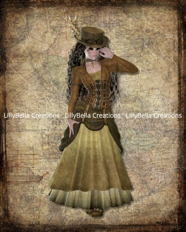 Steampunk Victorian Lady Digital Art Prints ~ 8" x 10" - 4 prints - Customize hair and/or skin color