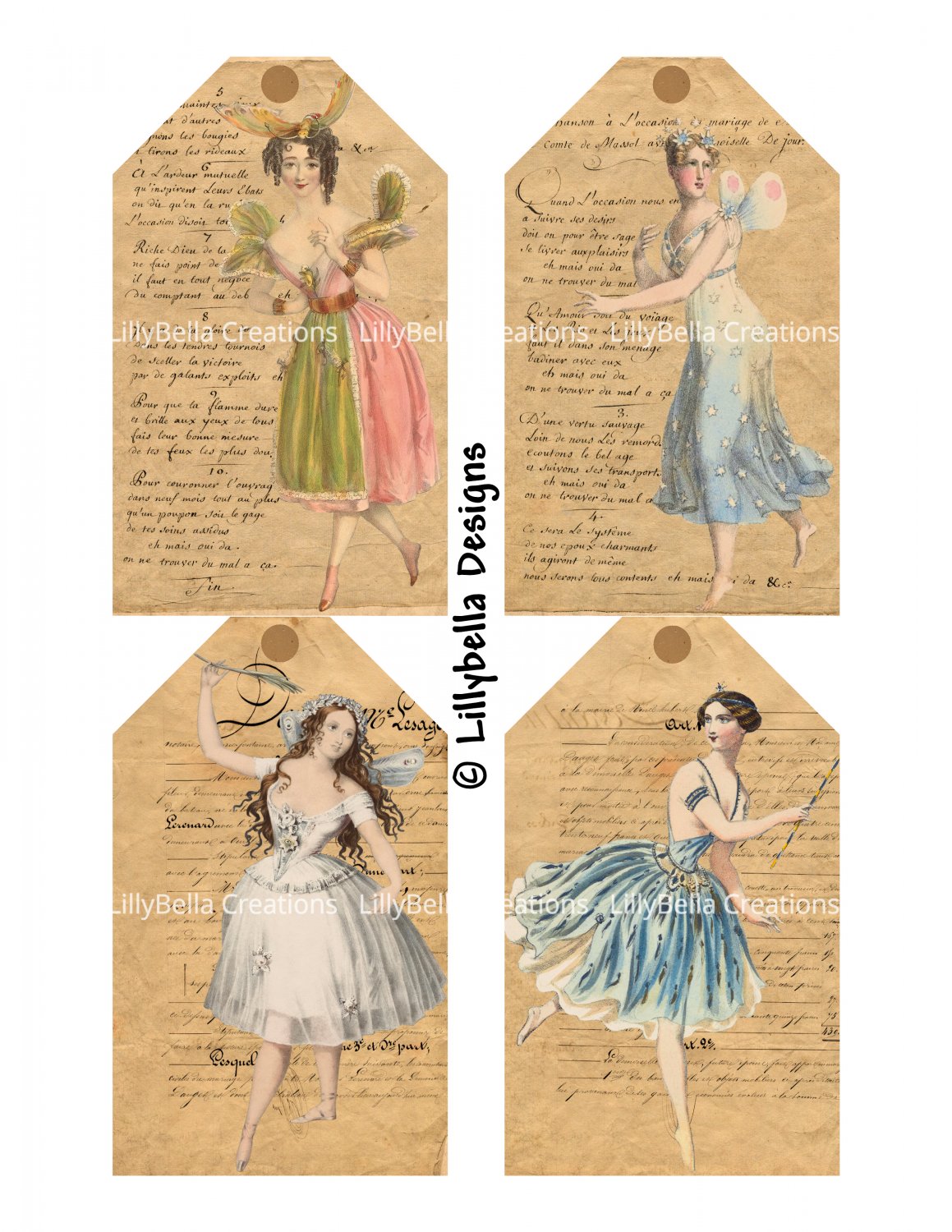 Vintage Style Ballerina Fairy - 3 x 5 inch Tags - 16 total