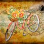 Bicycle - World Map Digital Mixed Media Art Print ~ 10" x 8" ~ Autumn ~ Fall ~ Sunflowers