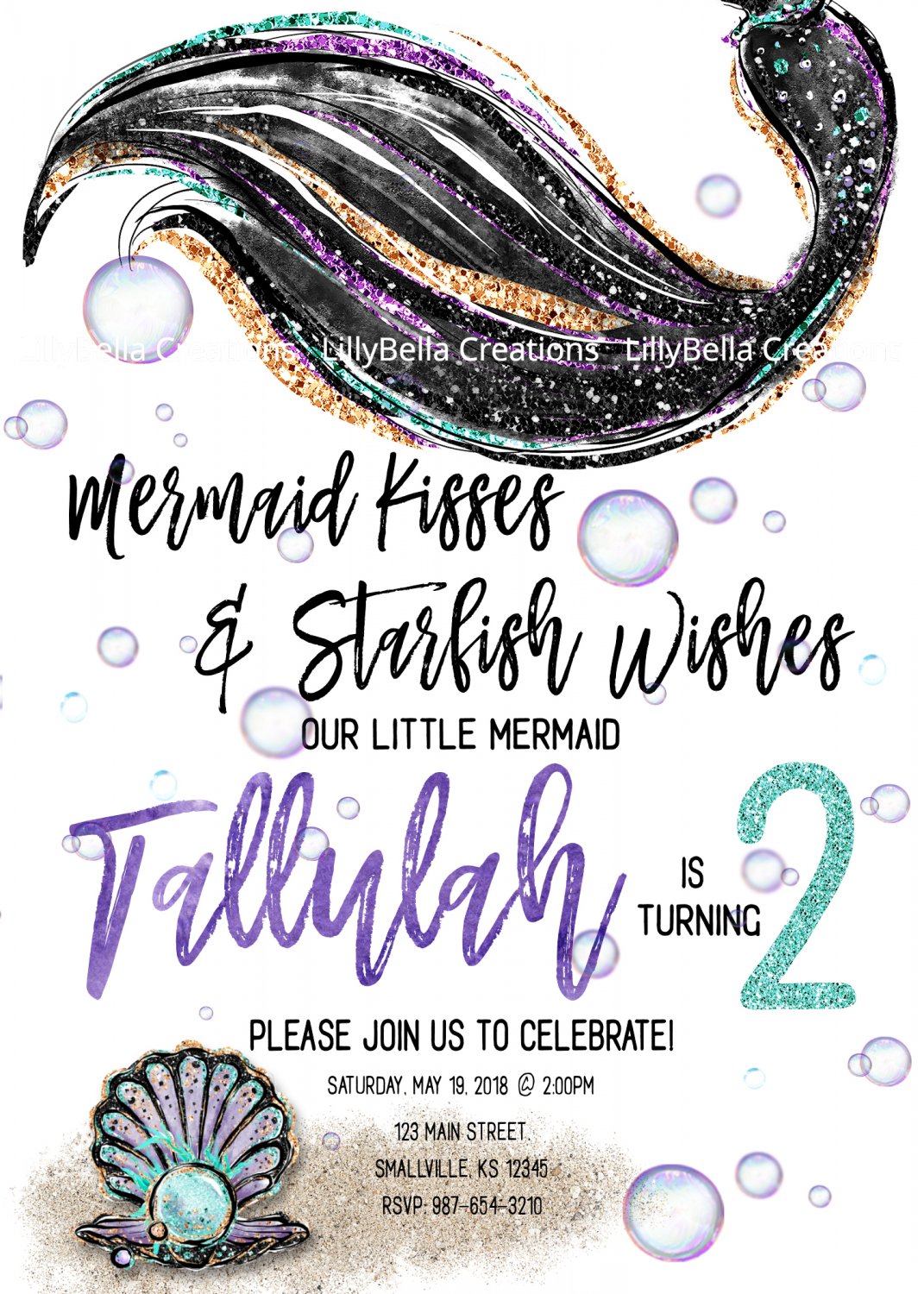 Mermaid Birthday Invitation Digital Art Print ~ 5" x 7" ~ Personalized ~ Audrey style Mermaid