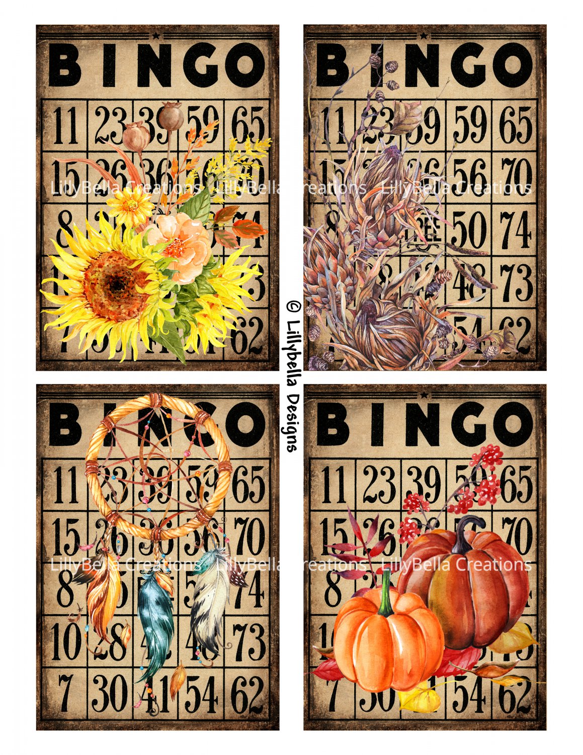 Autumn Fall Watercolor Bingo Cards - 3.5 x 5" ~ 16 Mixed Media