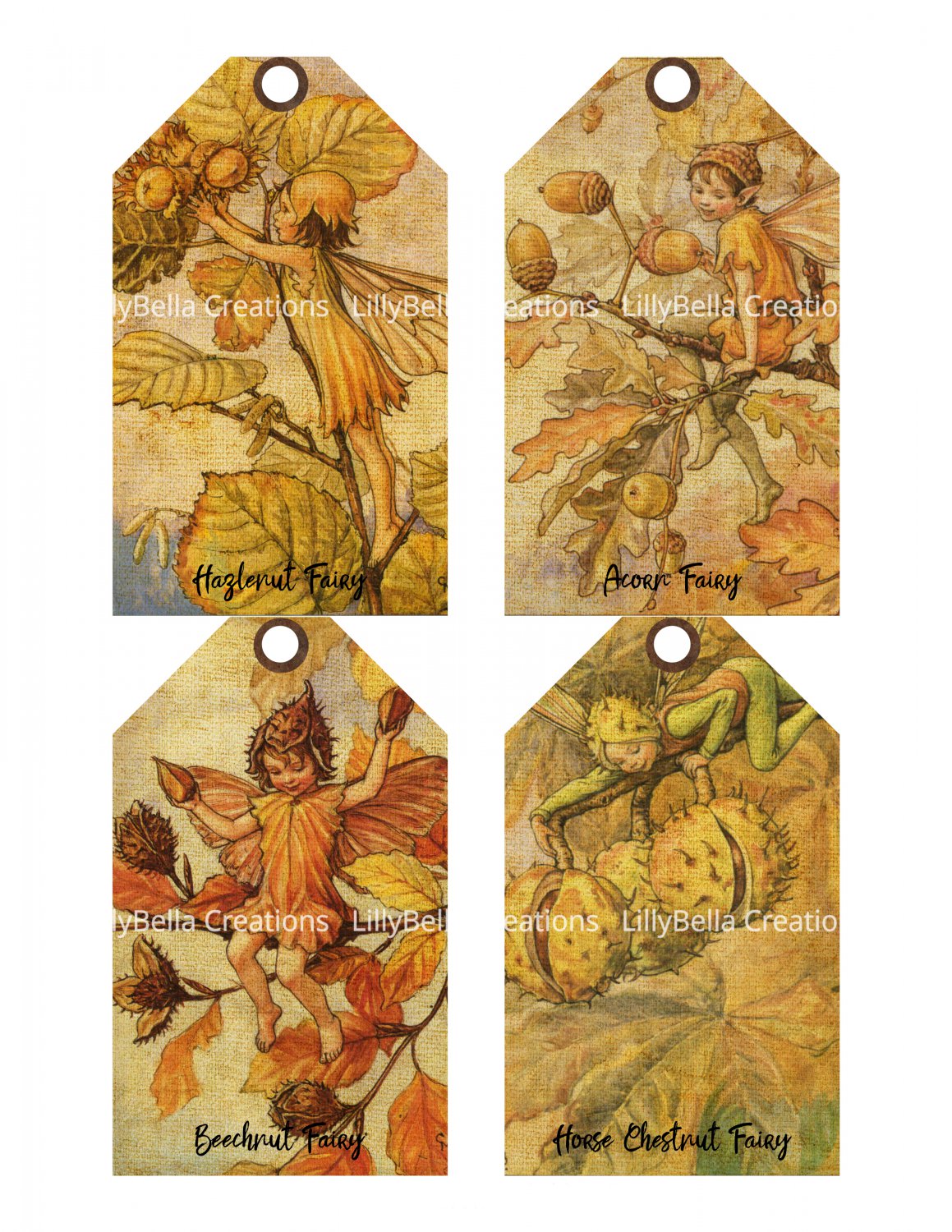 Flower Fairies of the Fall - 3 x 5 inch - 12 tags total + Background ~ Cicely M. Barker
