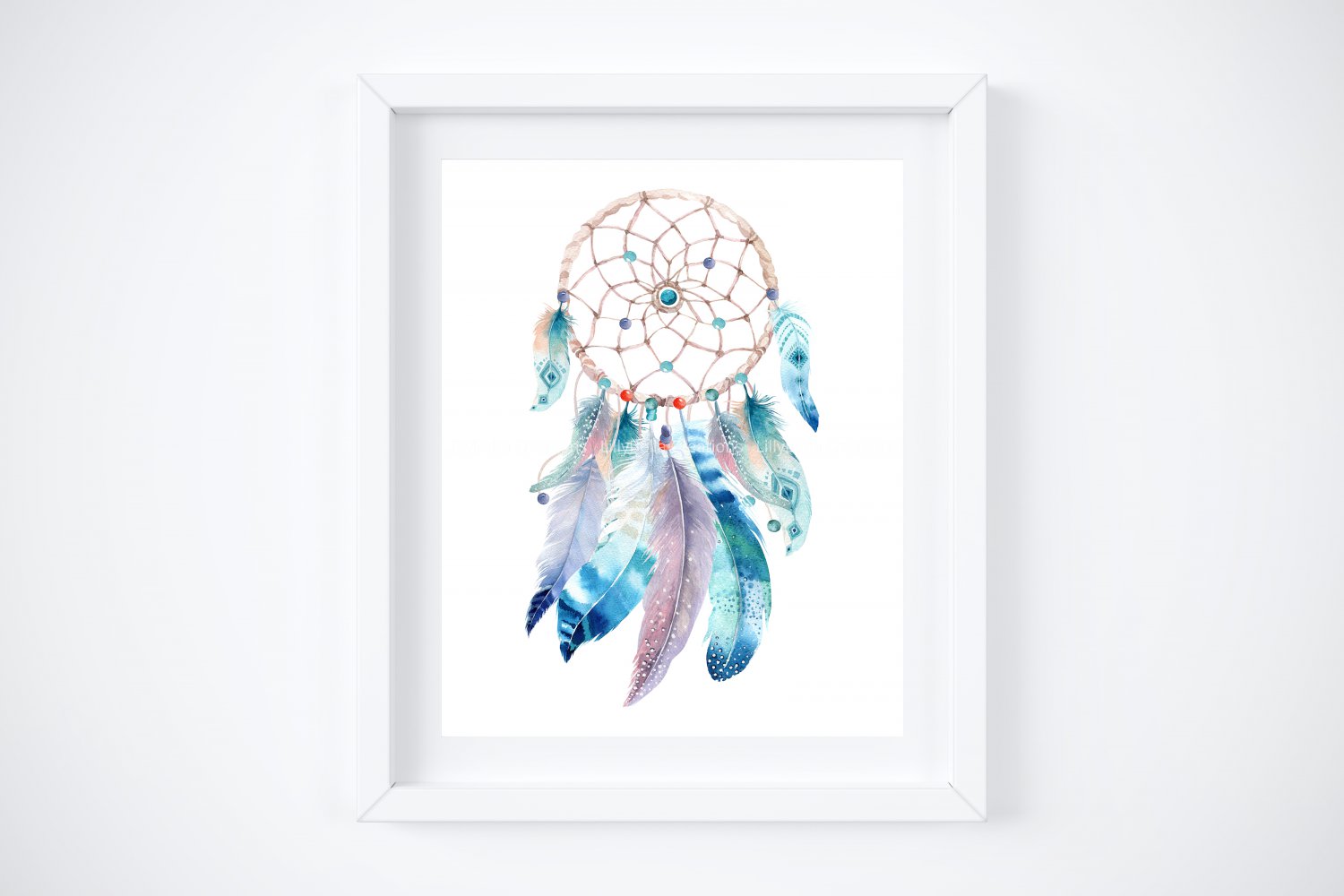 4 BOHO Watercolor Art Prints: 8" x 10" (Dream-catcher with Feathers & Word Art)