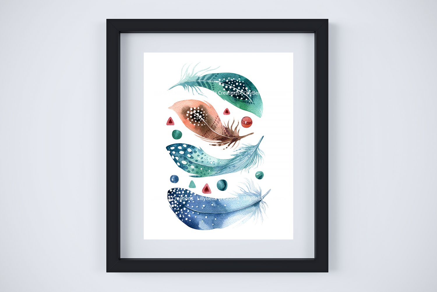 6 BOHO Watercolor Art Prints: 8" x 10" (Feathers, Skull & My Tribe is My Vibe (Word Art)