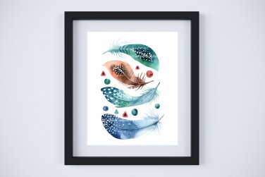 6 BOHO Watercolor Art Prints: 8" x 10" (Feathers, Skull & My Tribe is My Vibe (Word Art)
