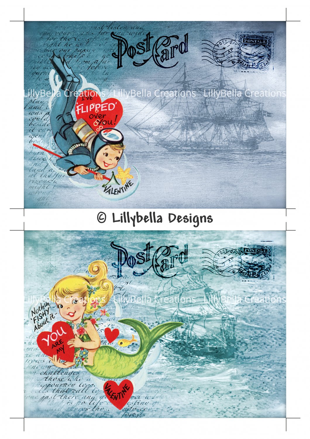 Retro Valentine's Day - 5 x 7 inch Color Postcards - Vintage Style - 2 total