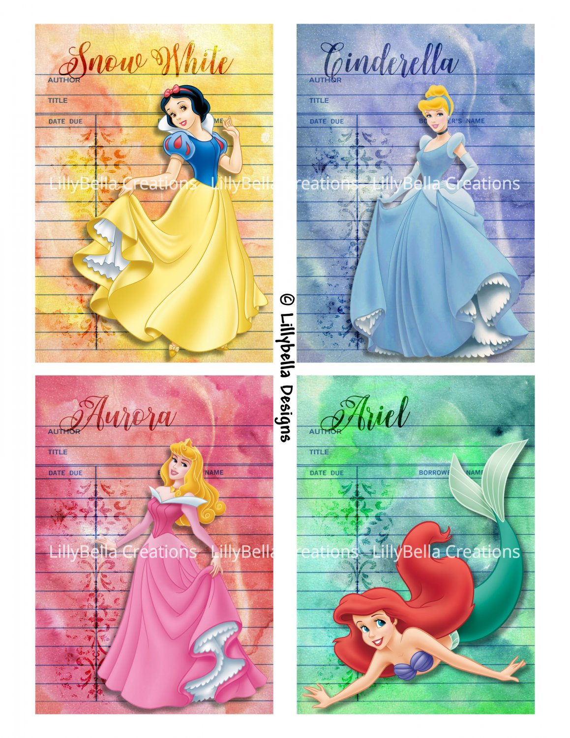 Watercolor Princess Library Cards - 3.5 x 5" ~ 12 Mixed Media ~ Snow White, Cinderella, & many more