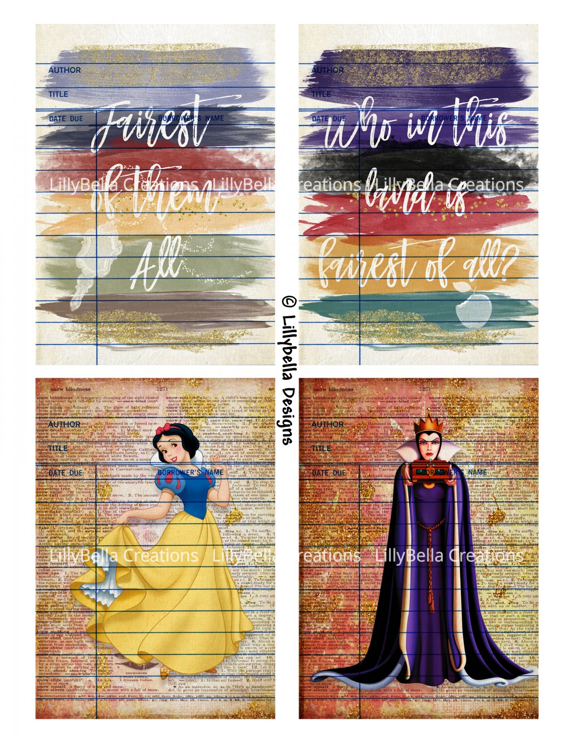 Snow White & Evil Queen Library Cards - 3.5 x 5 inch Note Card - 12 total Mixed Media & Watercolor