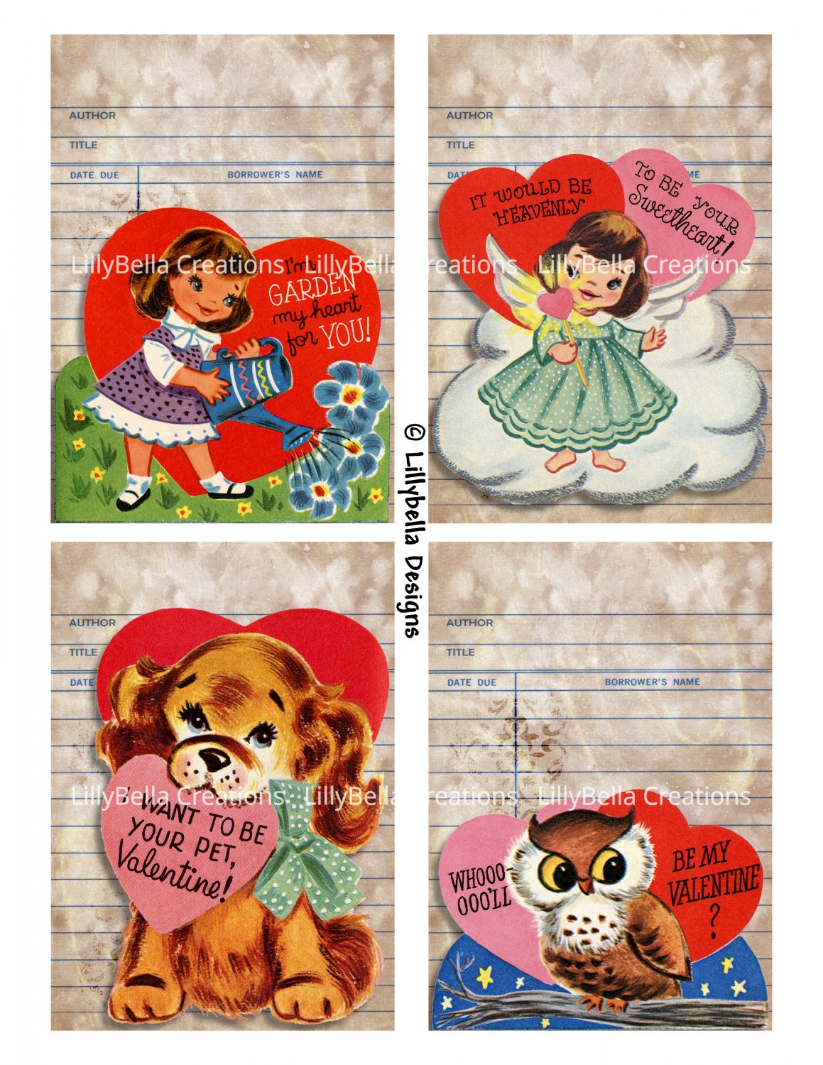 Watercolor Valentine Library Cards - 3.5 x 5" ~ 12 Mixed Media ~ Retro, Vintage cards Pack 3