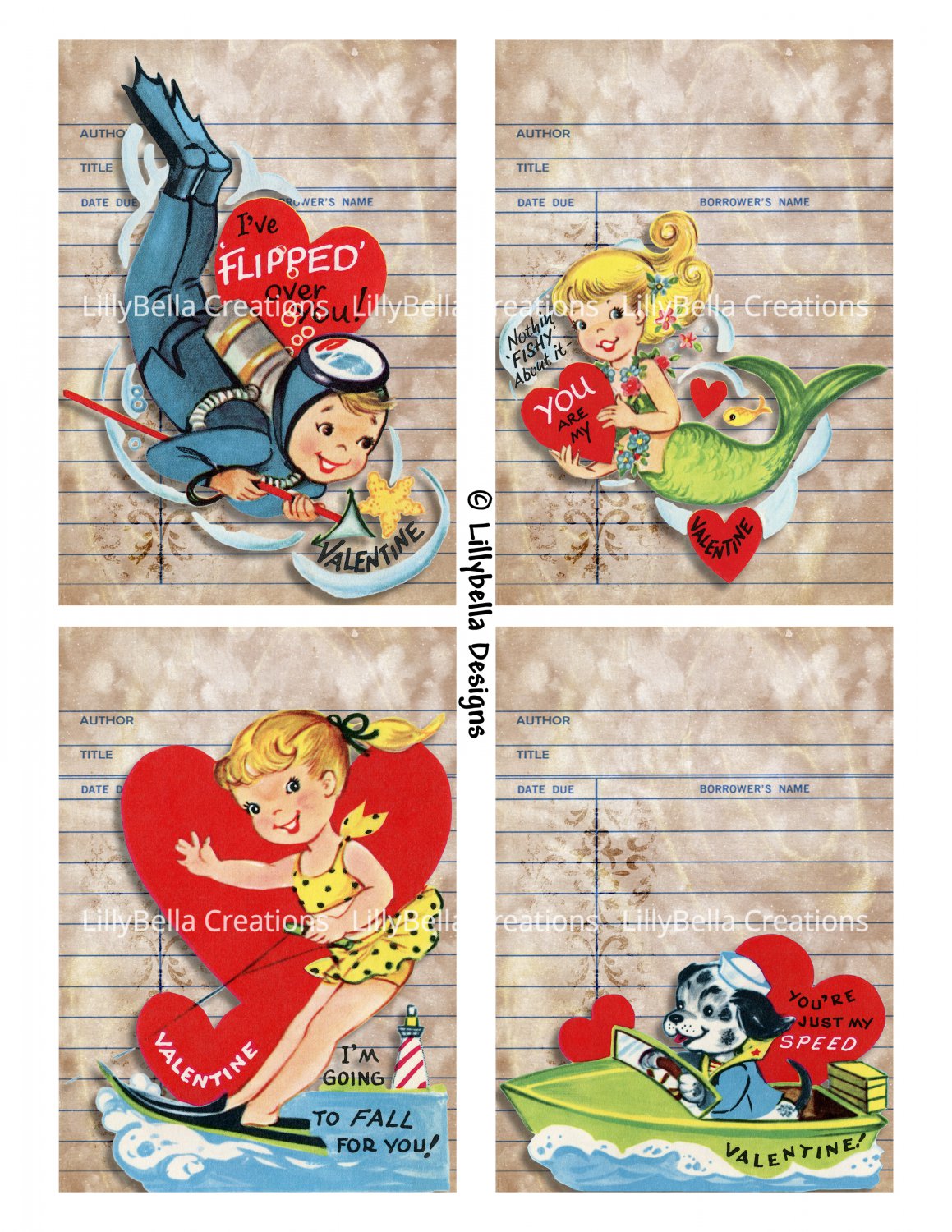 Watercolor Valentine Library Cards - 3.5 x 5" ~ 12 Mixed Media ~ Retro, Vintage cards Pack 2