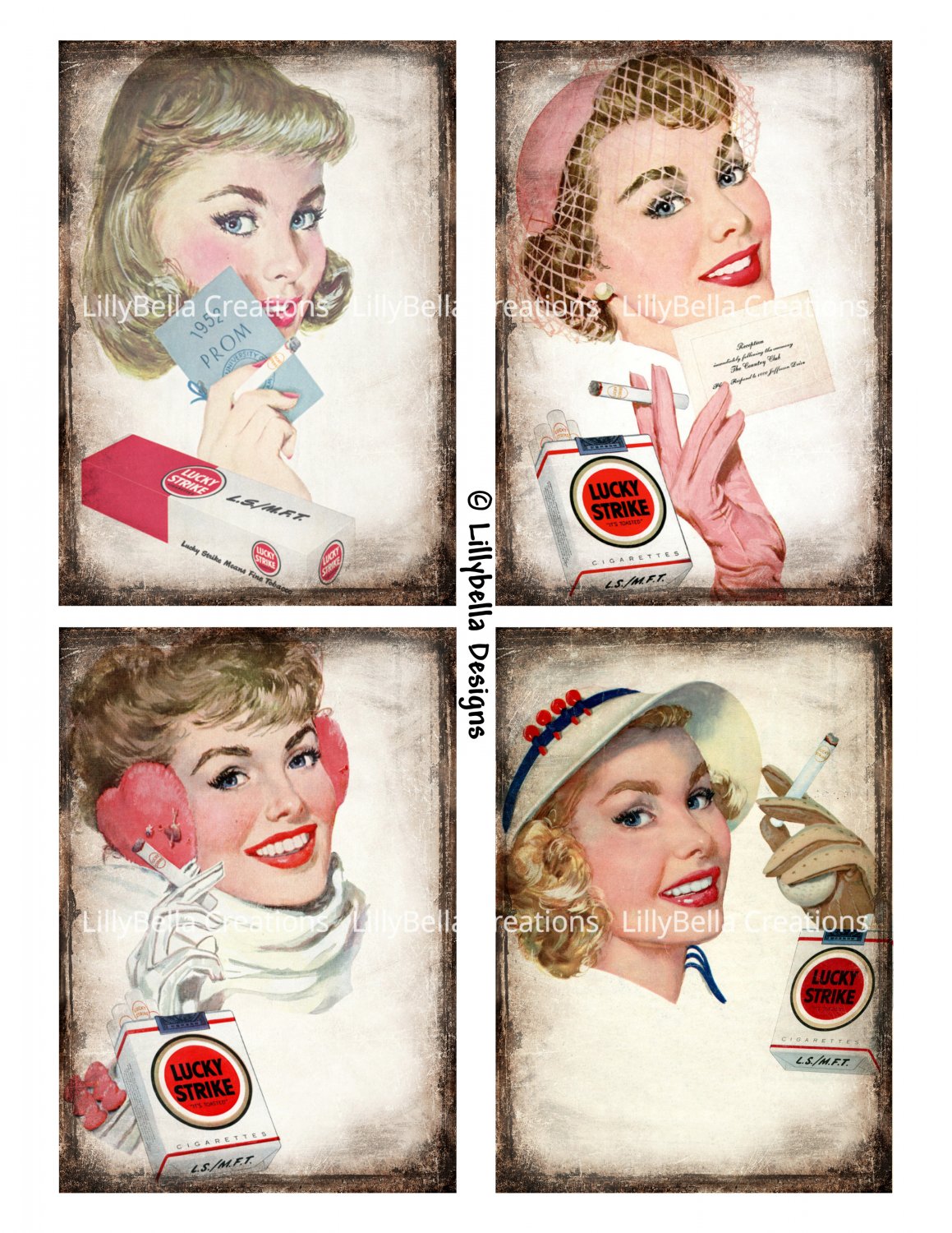 Vintage Style Lucky Strike Cigarettes - 3.5 x 5 inch Note Card - 8 total Advertising Ads Mixed Media
