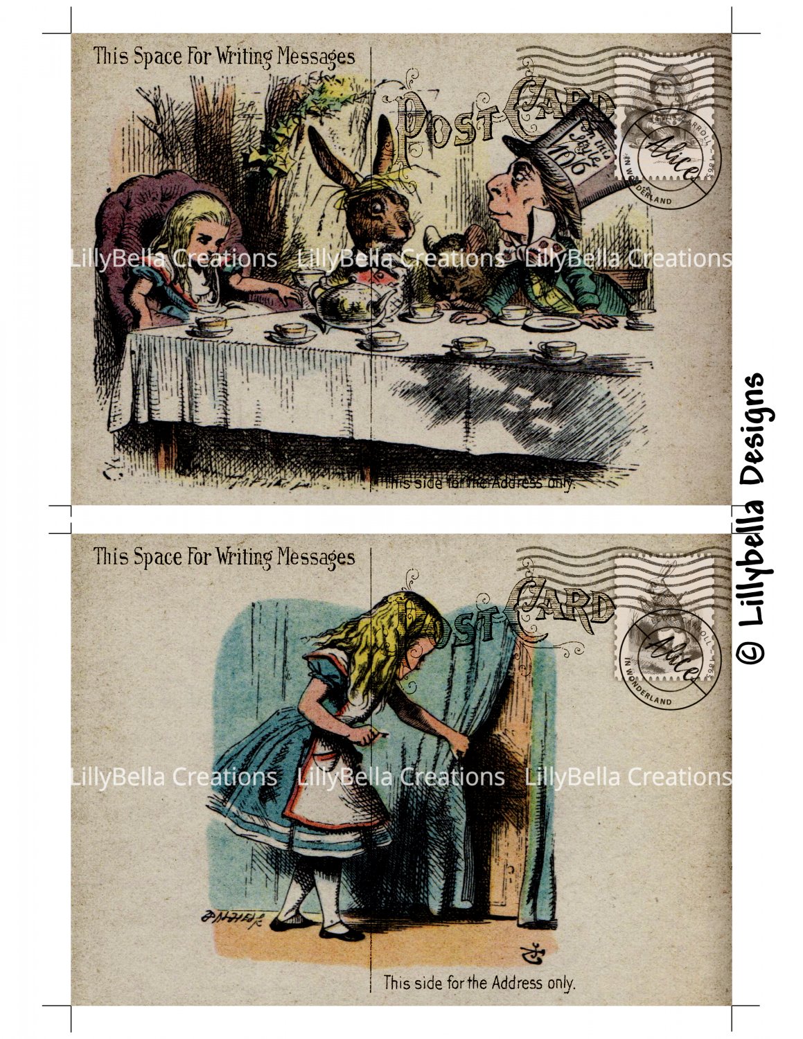 Alice in Wonderland - 5 x 7 inch Color Postcards - Vintage Style - 2 total