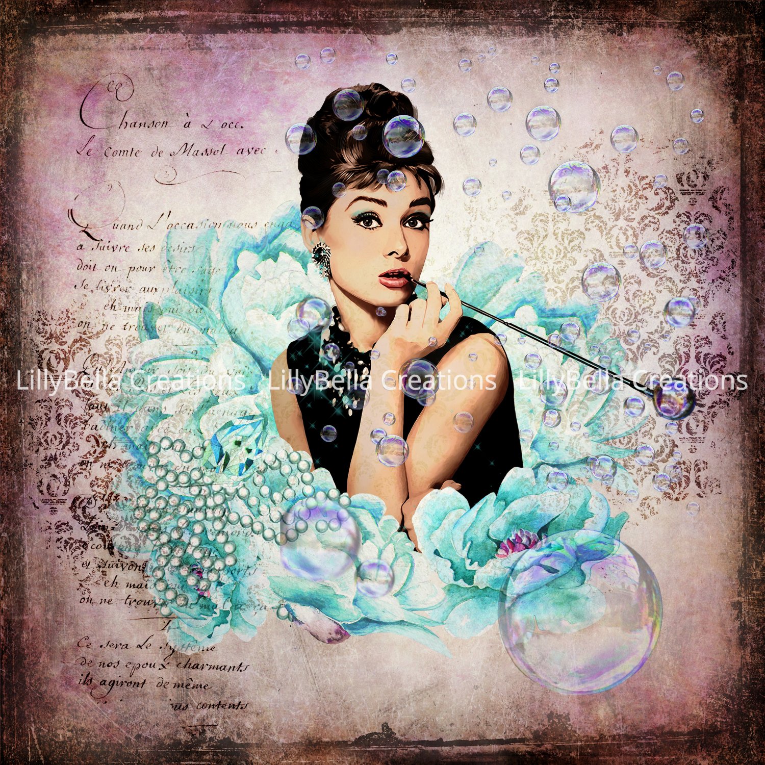 Audrey Hepburn Art Print 12" x 12" - Breakfast at Tiffany's - Bubbles