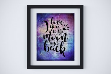 Love You to the Moon and Back ~ Dictionary Digital Art Print: 8" x 10" ~ Purple Watercolor