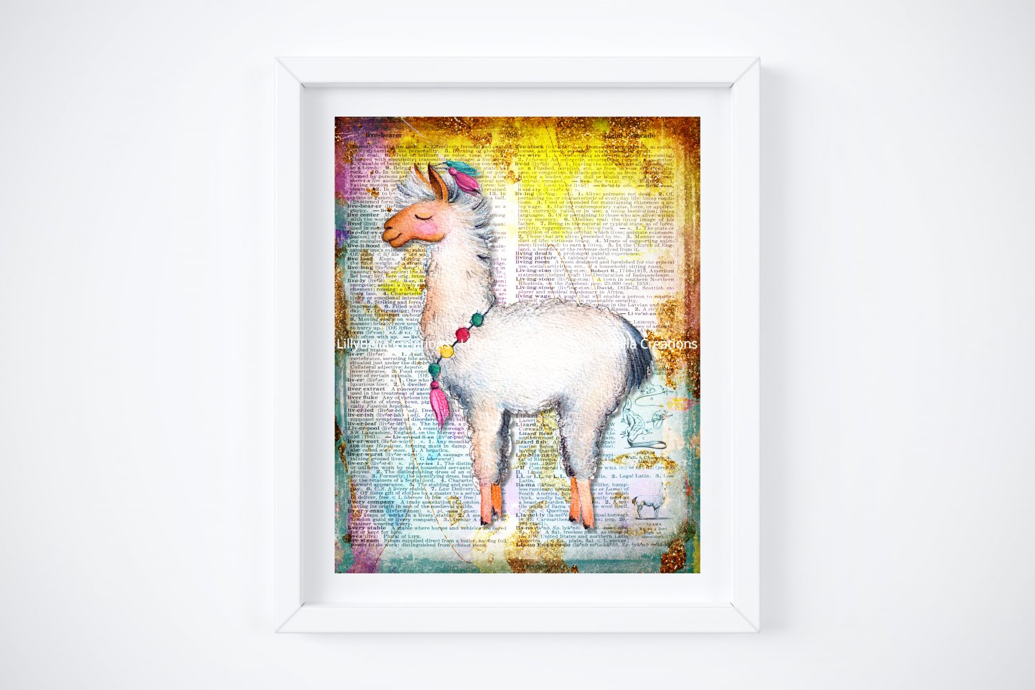 Llama ~ Dictionary Digital Art Print: 8" x 10" ~ Pastel & Glitter Watercolor ~ Alpaca