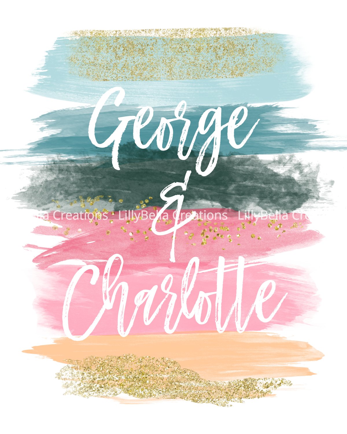 Choose 2 names (personalized) ~ Watercolor Brush Art Print: 8" x 10" ~ Wedding, Family, etc...