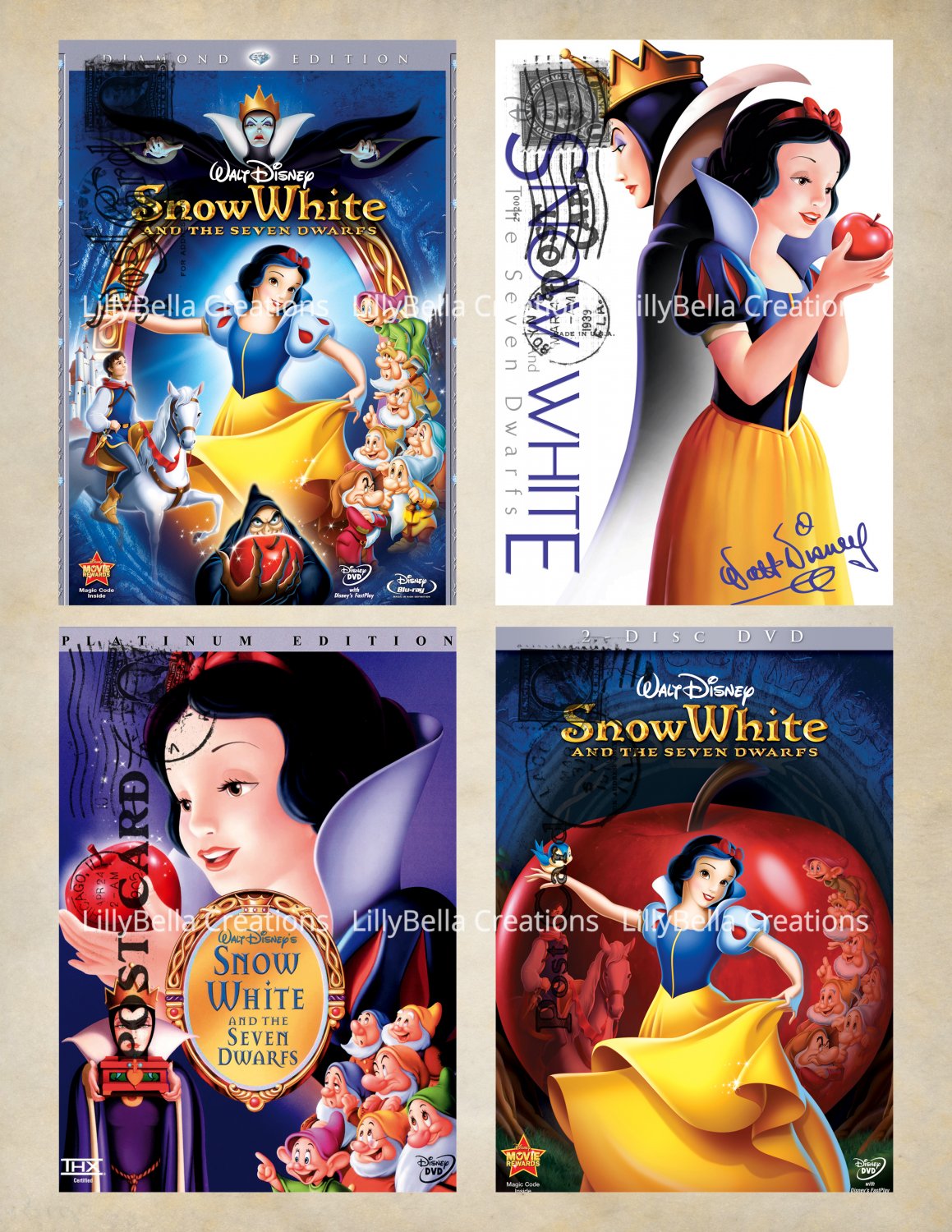 Snow White and Seven Dwarfs - 3.5 x 5 inch Color Postcards - Vintage Stamped - 12 total
