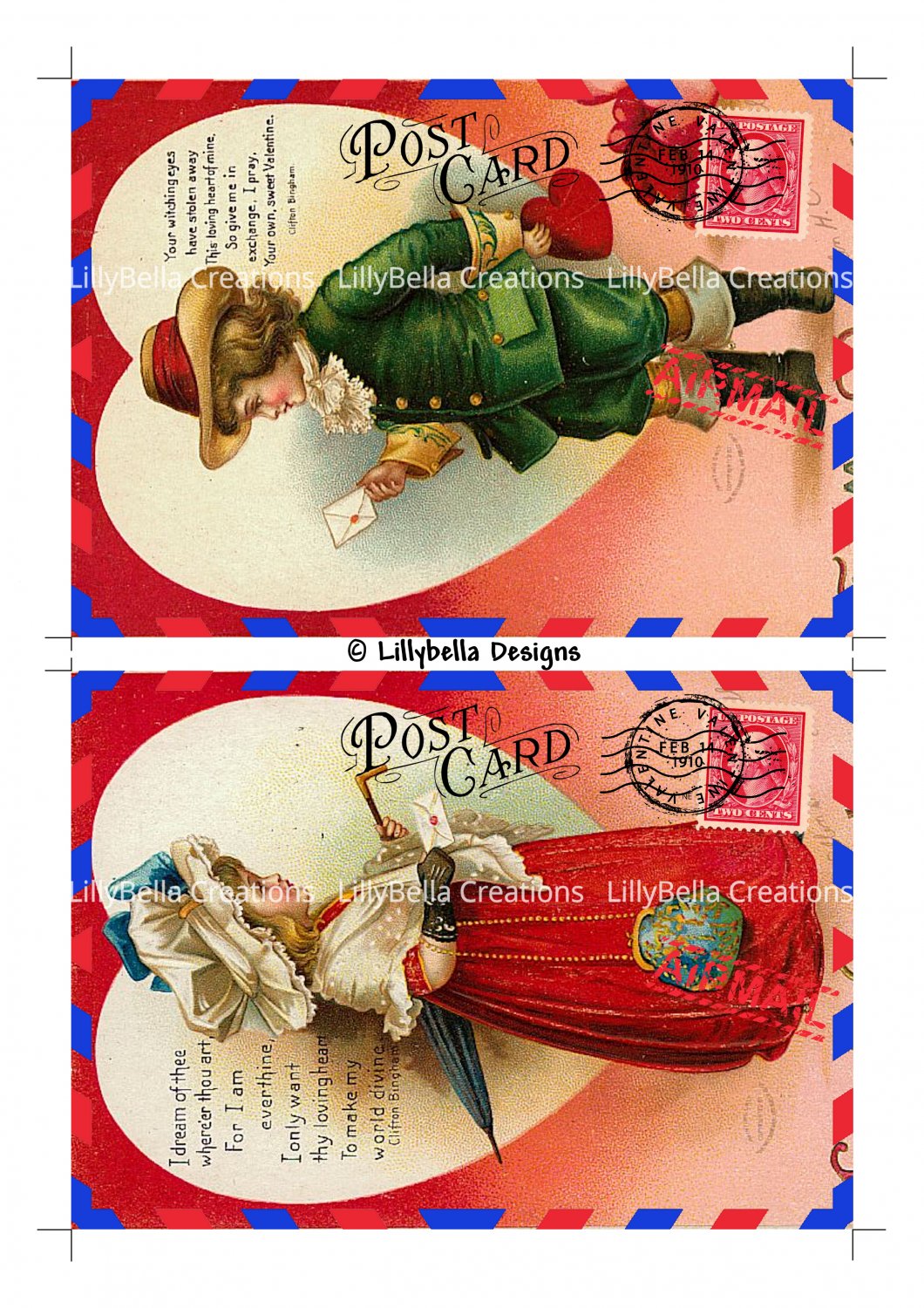 Valentine's Day - 5 x 7 inch Color & Sepia Airmail Postcards ~ Ellen Clapsaddle
