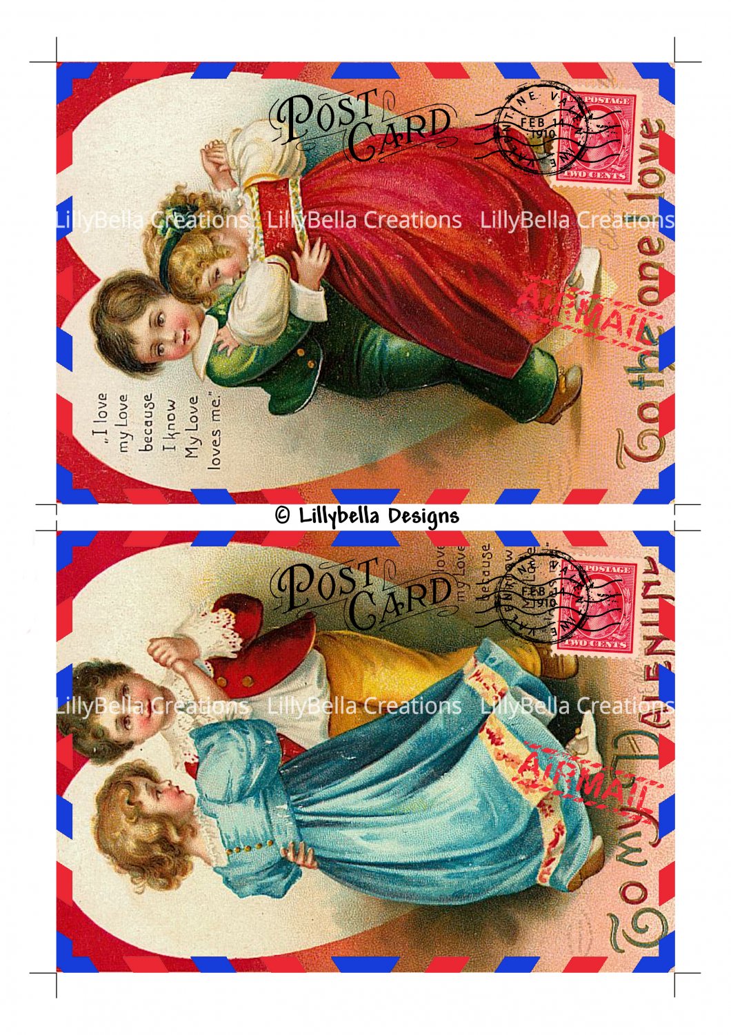 Valentine's Day - 5 x 7 inch Color & Sepia Airmail Postcards ~ Ellen Clapsaddle