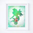 Ariel ~ The Little Mermaid Silhouette Watercolor Art Print: 8" x 10"