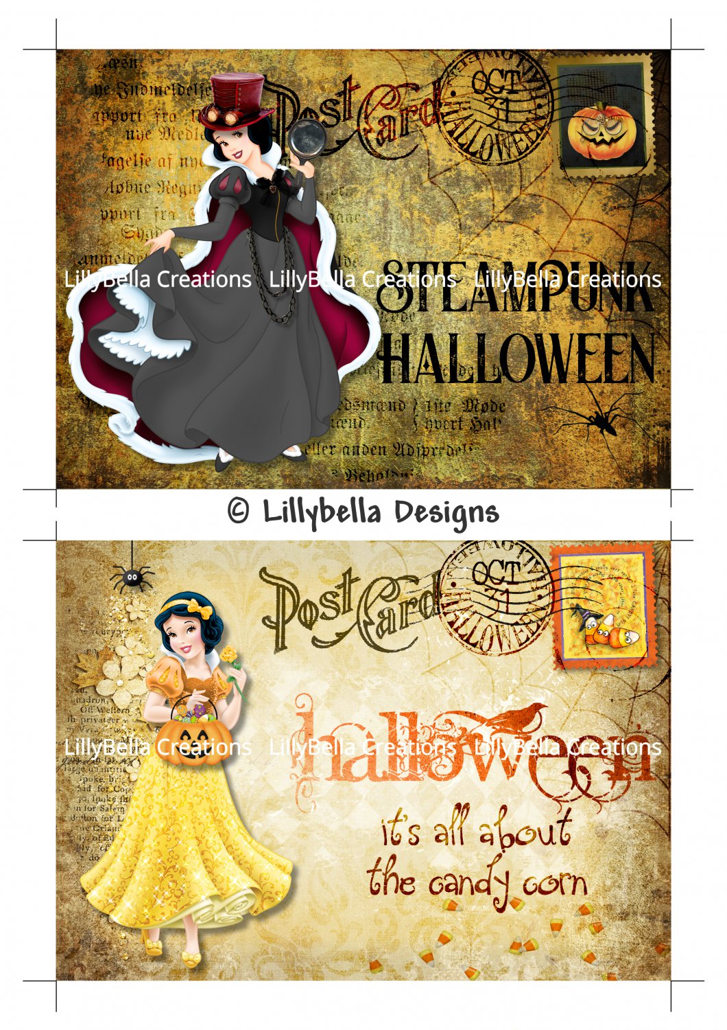 Halloween Snow White - 5 x 7 inch Color Postcards - Vintage Style ~ Steampunk & Candy Corn