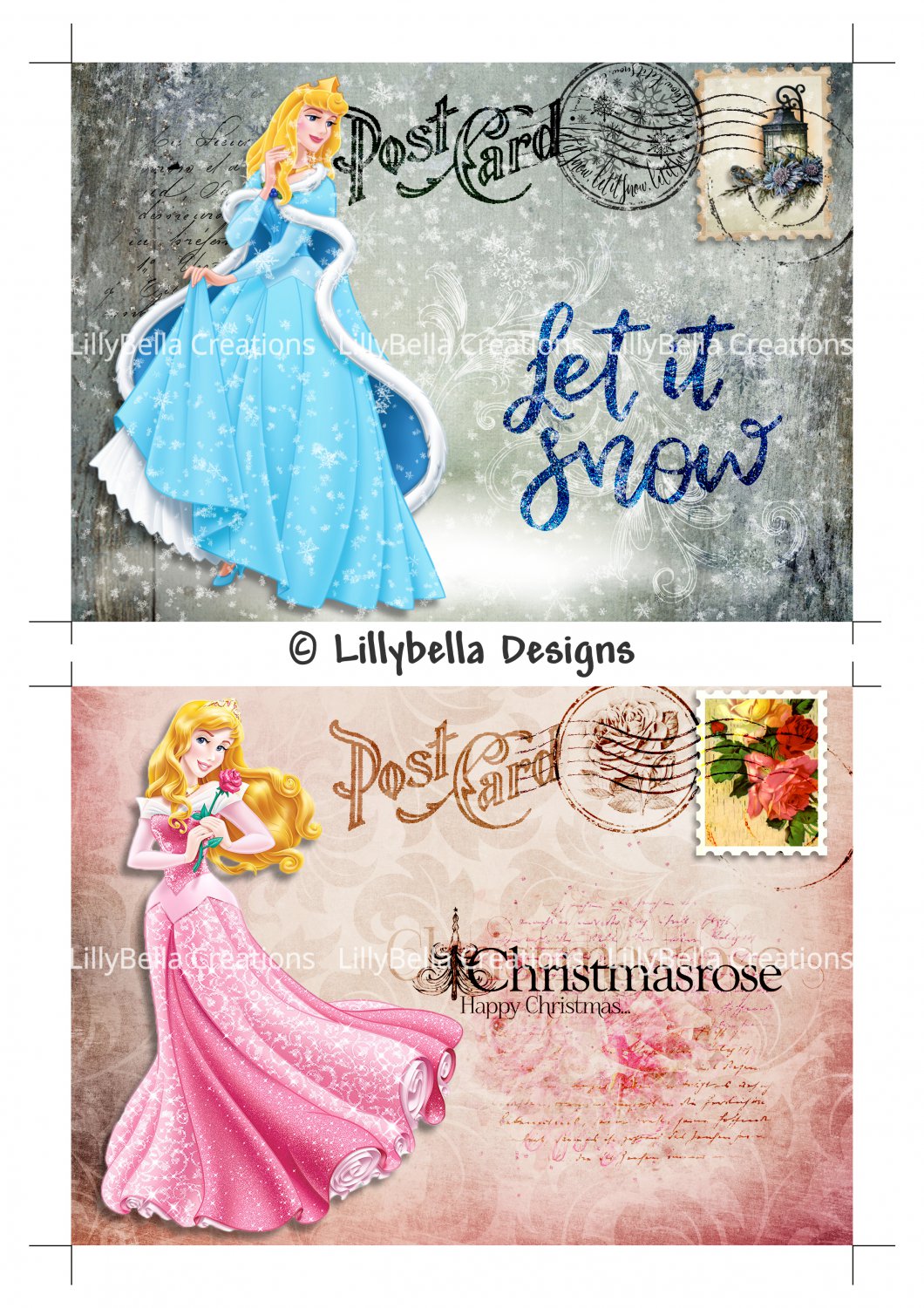 Christmas Aurora ~ Sleeping Beauty - 5 x 7 inch Color Postcards - Vintage Style - 2 total