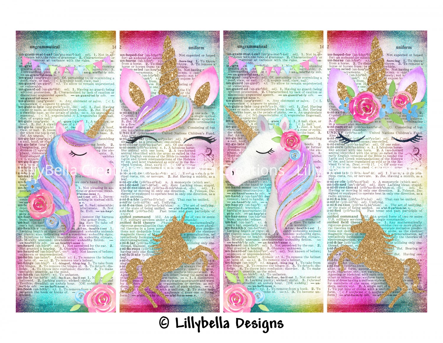 Pink Unicorn Dictionary ~ 4 Digital Art Bookmarks ~ 2.5" x 7" & 4 Tags ~ 3" x 5"