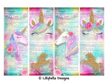 Pink Unicorn Dictionary ~ 4 Digital Art Bookmarks ~ 2.5" x 7" & 4 Tags ~ 3" x 5"