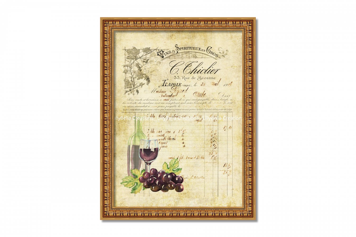 French Invoice Wine ~ 8" x 10" ~ Mixed Media ~ Vintage Ephemera - Wine, Grapes, Paris