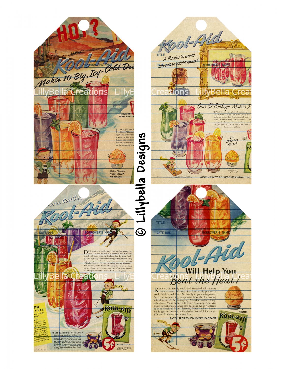 Vintage Style Library Cards Kool-Aid - 3 x 5 inch Tags - 16 total - Advertising Ads Mixed Media
