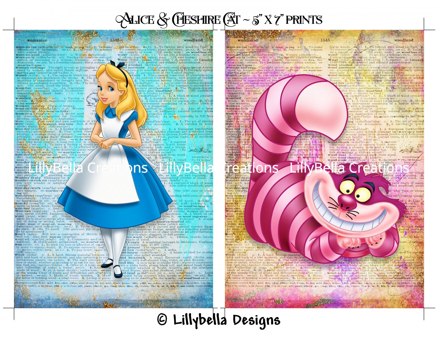 6 Alice in Wonderland Dictionary Digital Art Prints ~ 5" x 7" & 4 Bookmarks ~ Characters