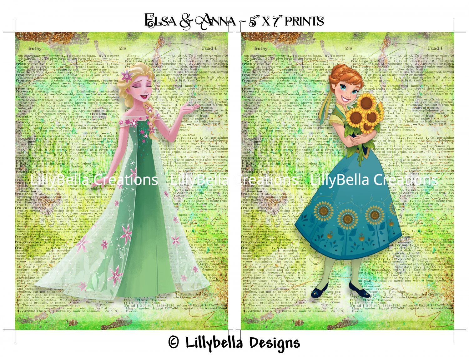 Elsa and Anna ~ Frozen Fever Dictionary Digital Art Prints ~ 5" x 7"