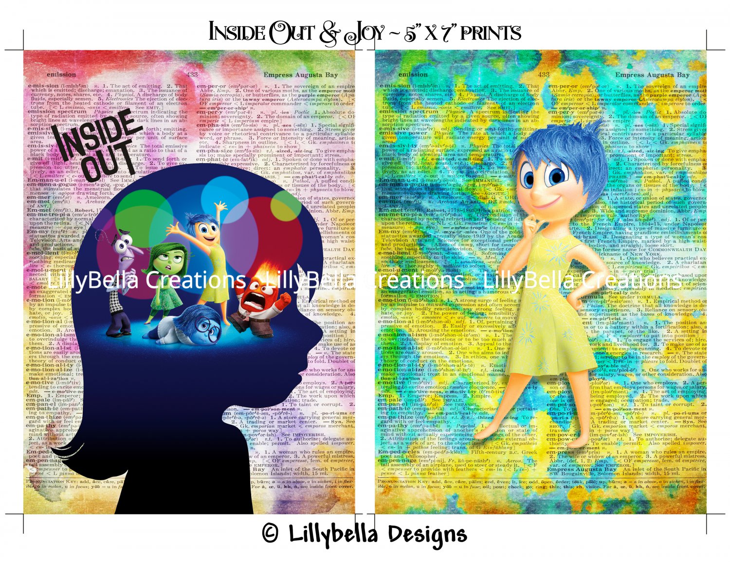6 Inside Out Emotions Dictionary Digital Art Prints ~ 5" x 7" & 8 Bookmarks ~ Joy, Sadness, Disgust