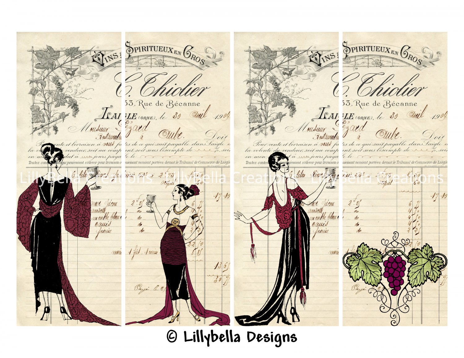 Wine Ladies ~ 12 Layered Digital Art Bookmarks ~ 2.5" x 7" - Art Deco, French Ephemera, Party