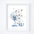 KU ~ Kansas University ~ Jayhawk Dandelion Art Print:  8" x 10" ~ Rock Chalk, Basketball, Lawerence