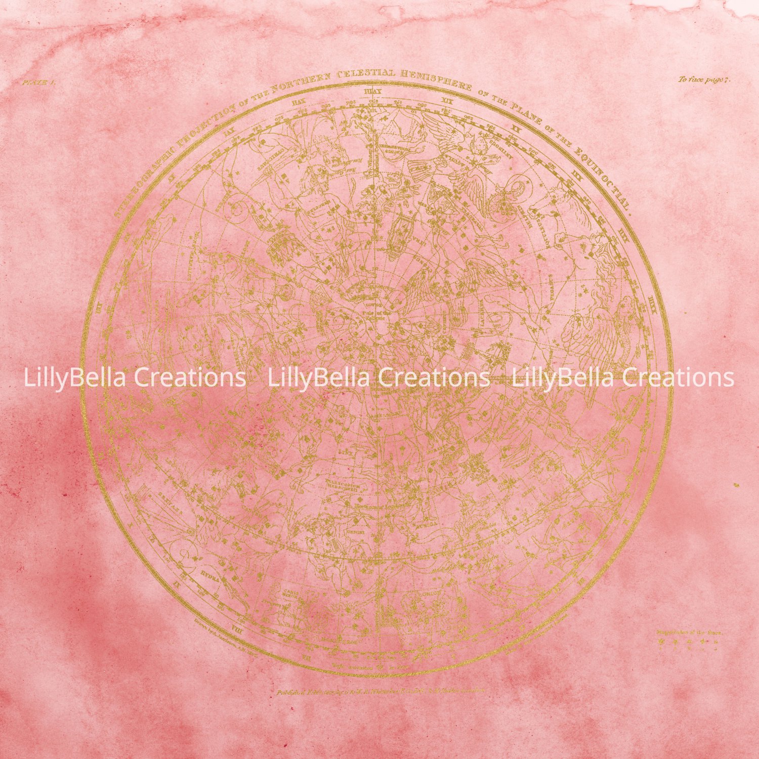 1823 Celestial Hemisphere Watercolor Art Print with Quote: 12" x 12" Pink, Blue, Vintage
