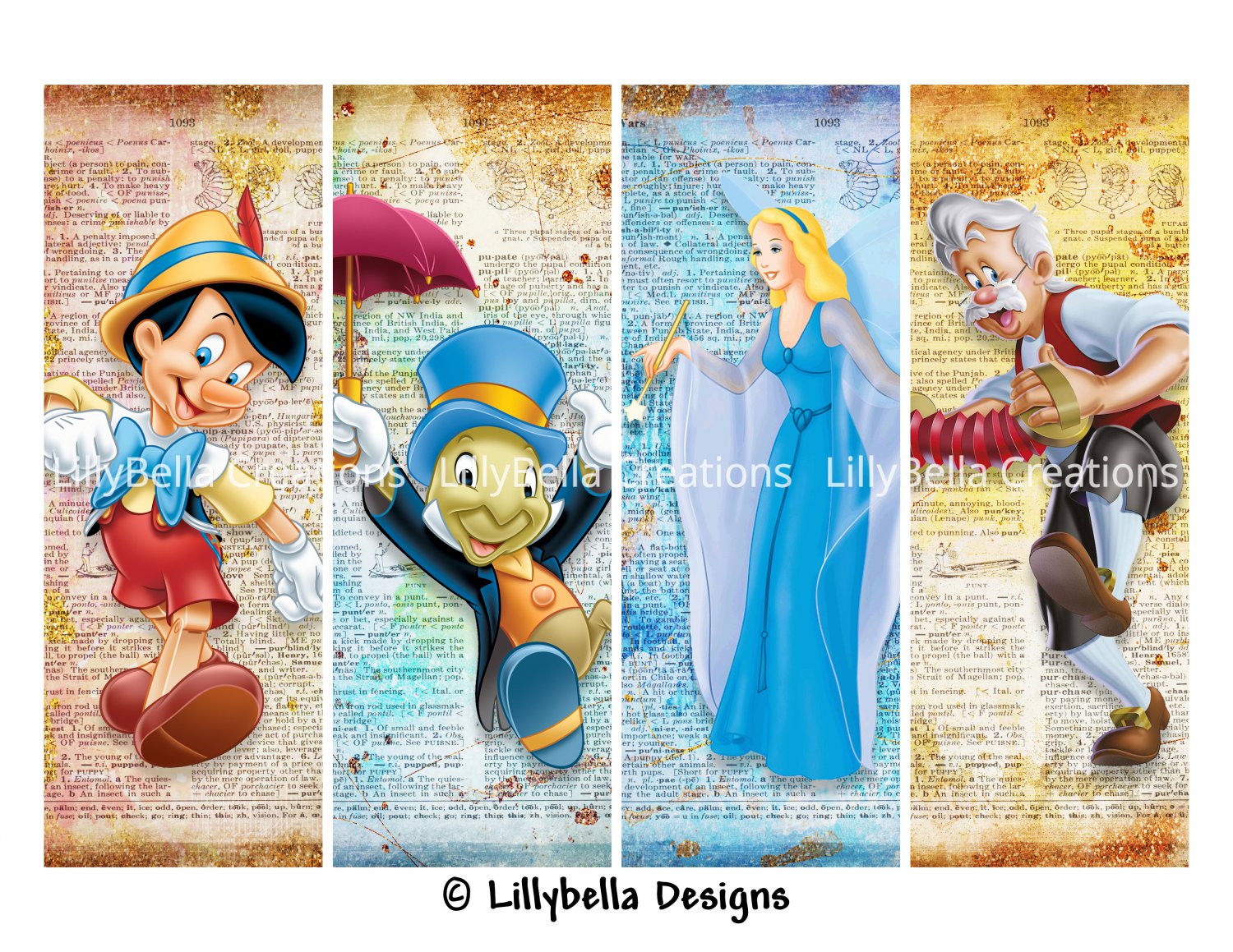 Pinocchio, Jiminy Cricket, Blue Fairy & Gepetto ~ 4 Layered Digital Art Bookmarks ~ 2.5" x 7"