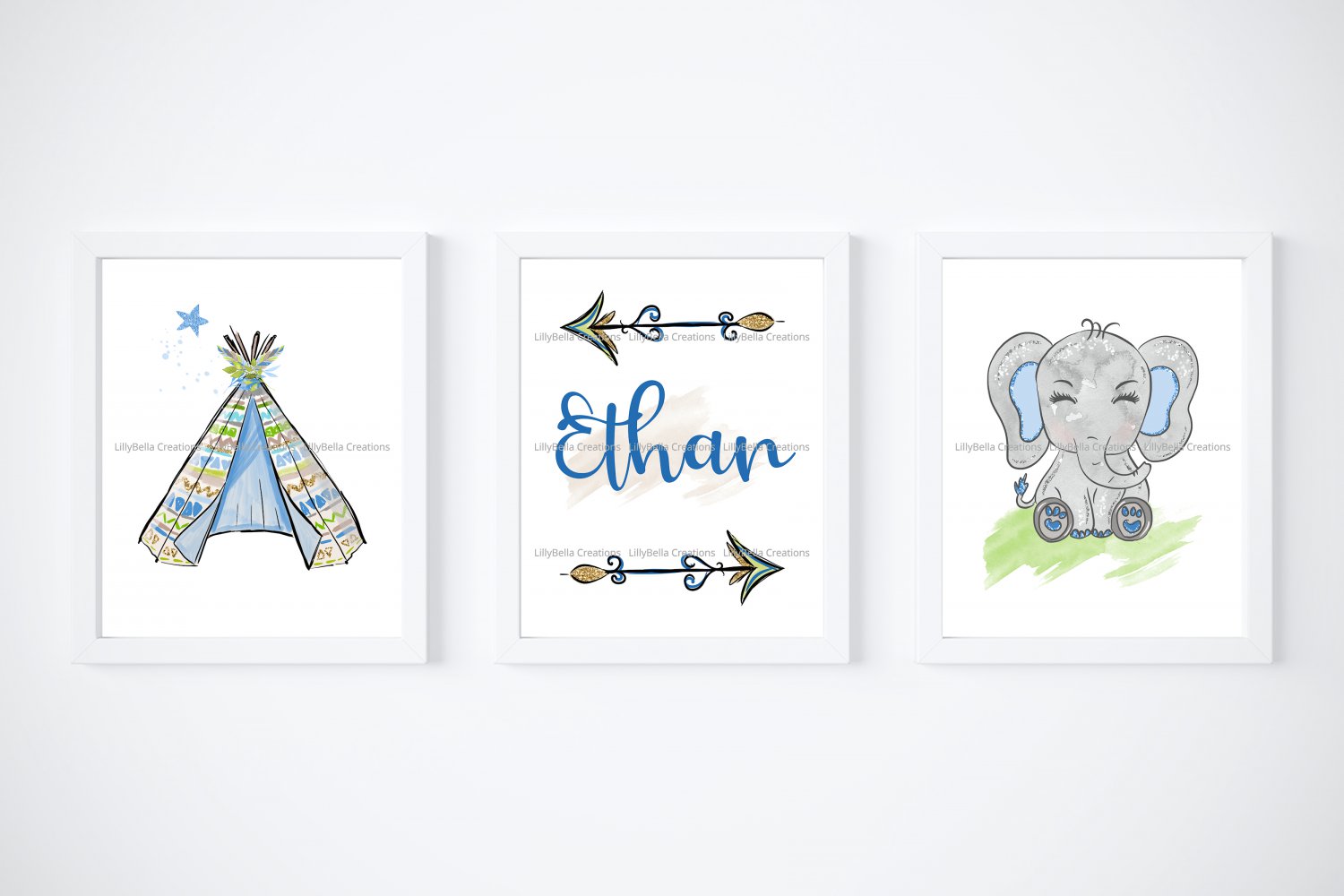 Boho Elephant Nursery - 3 Watercolor Art Prints with Name: 11" x 14" ~ Baby, Boy, Blue, Green, Gray