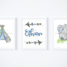 Boho Elephant Nursery - 3 Watercolor Art Prints with Name: 11" x 14" ~ Baby, Boy, Blue, Green, Gray