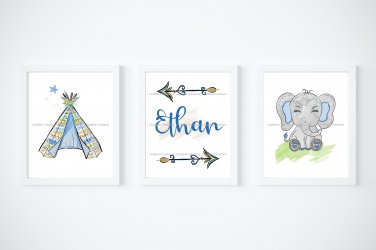 Boho Elephant Nursery - 3 Watercolor Art Prints with Name: 11" x 14" ~ Baby, Boy, Blue, Green, Gray